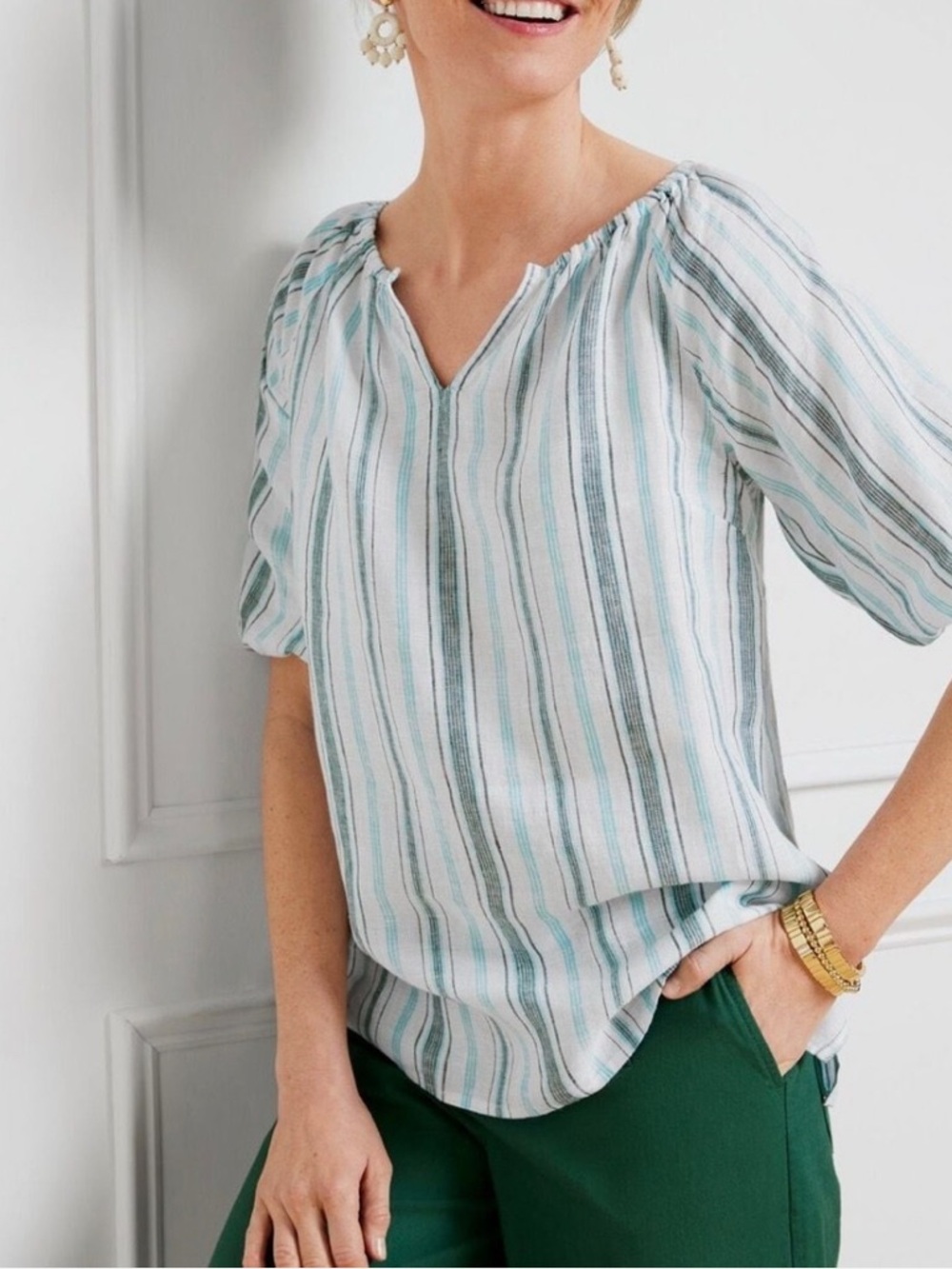 Talbots 100% Linen Popover Blouse Breezy Stripe Short Sleeve Top XLP